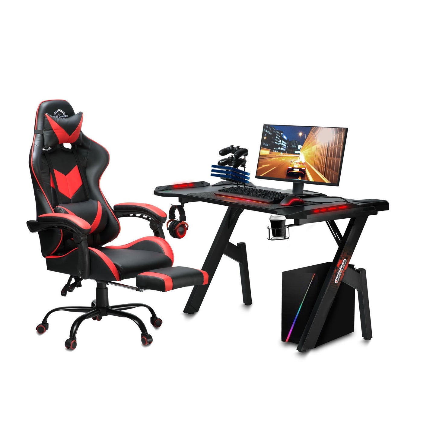 Birou gaming Smart Pro Collection idealSTORE Dimensiuni 120 x 60 x 70 cm, Cadru metalic stabil, Iluminare LED, Accesorizat cu suport pentru casti, pahar, Picioare reglabile, Echipat cu sistem de gestionare a cablurilor