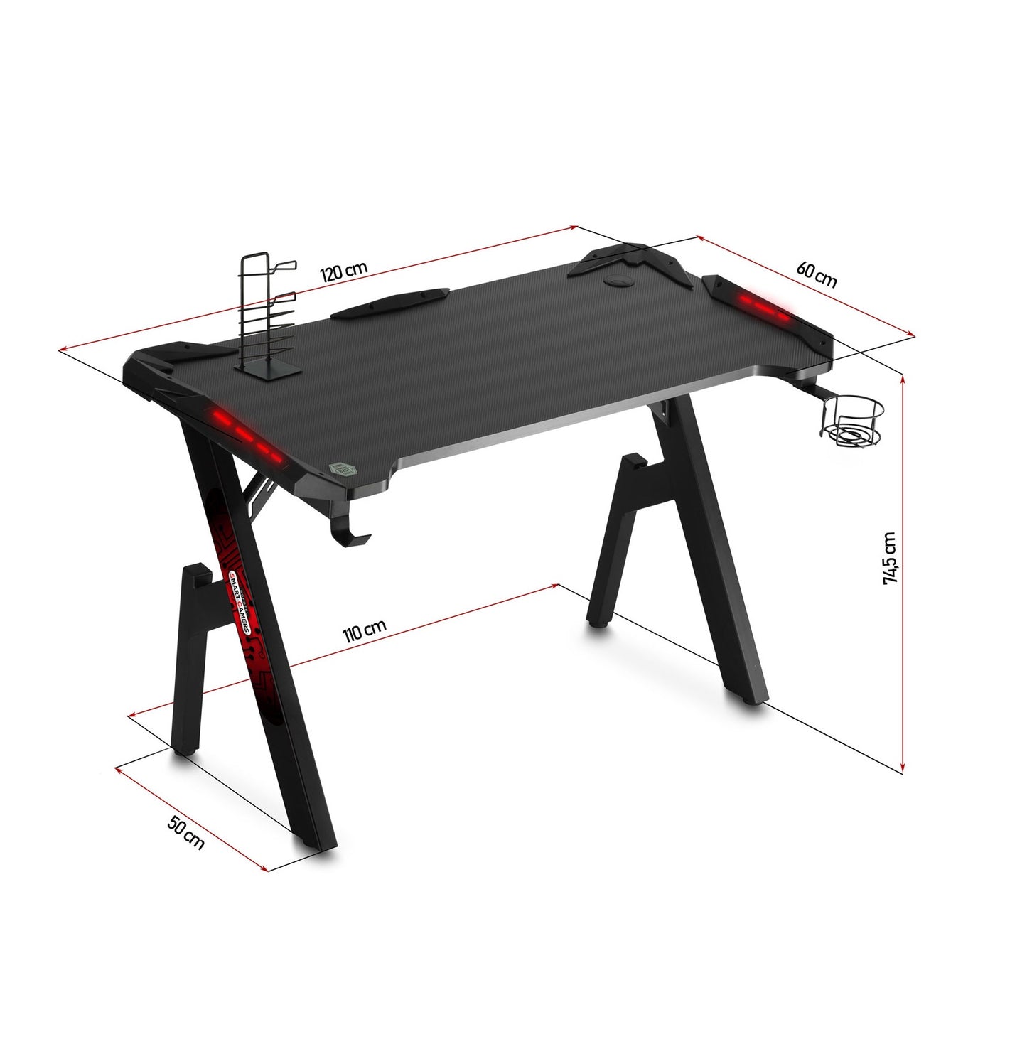 Birou gaming Smart Pro Collection idealSTORE Dimensiuni 120 x 60 x 70 cm, Cadru metalic stabil, Iluminare LED, Accesorizat cu suport pentru casti, pahar, Picioare reglabile, Echipat cu sistem de gestionare a cablurilor