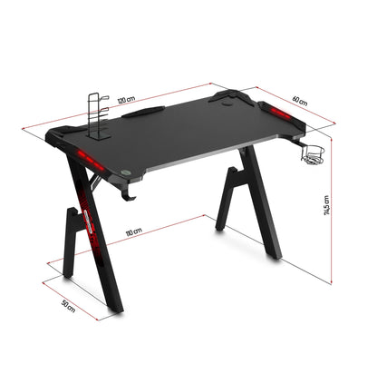 Birou gaming Smart Pro Collection idealSTORE Dimensiuni 120 x 60 x 70 cm, Cadru metalic stabil, Iluminare LED, Accesorizat cu suport pentru casti, pahar, Picioare reglabile, Echipat cu sistem de gestionare a cablurilor