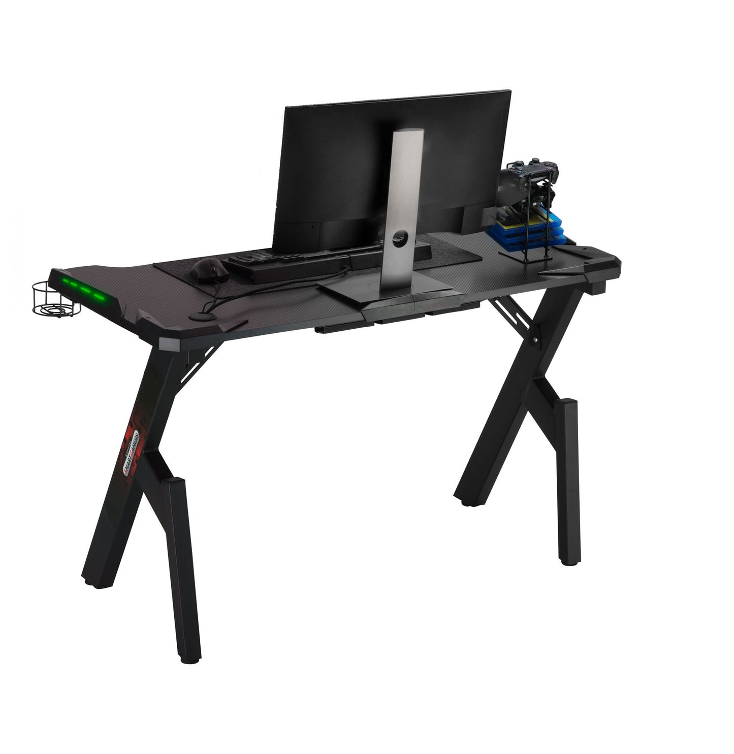 Birou gaming Smart Pro Collection idealSTORE Dimensiuni 120 x 60 x 70 cm, Cadru metalic stabil, Iluminare LED, Accesorizat cu suport pentru casti, pahar, Picioare reglabile, Echipat cu sistem de gestionare a cablurilor