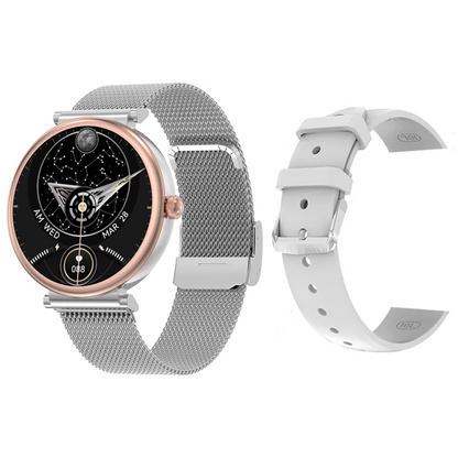 Smartwatch idealSTORE UnikWATCH, 2 Bratari, Functie de Inregistrare Voce, Apeluri Bluetooth, Afisaj AMOLED, Memento, Asistent vocal, Control Playlist Muzical, Urmarire GPS, Moduri Sportive, Rezistent la apa, Monitor Somn, Comanda Vocala, Culoare Silver