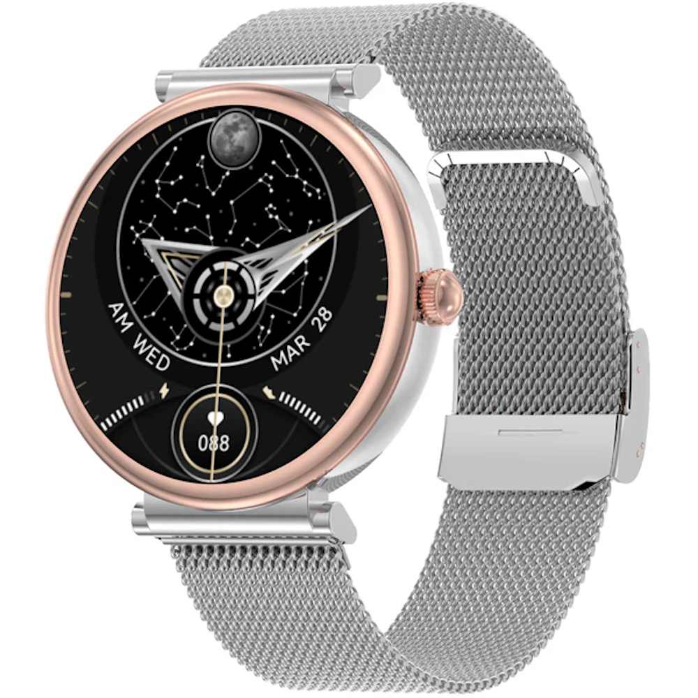 Smartwatch idealSTORE UnikWATCH, 2 Bratari, Functie de Inregistrare Voce, Apeluri Bluetooth, Afisaj AMOLED, Memento, Asistent vocal, Control Playlist Muzical, Urmarire GPS, Moduri Sportive, Rezistent la apa, Monitor Somn, Comanda Vocala, Culoare Silver