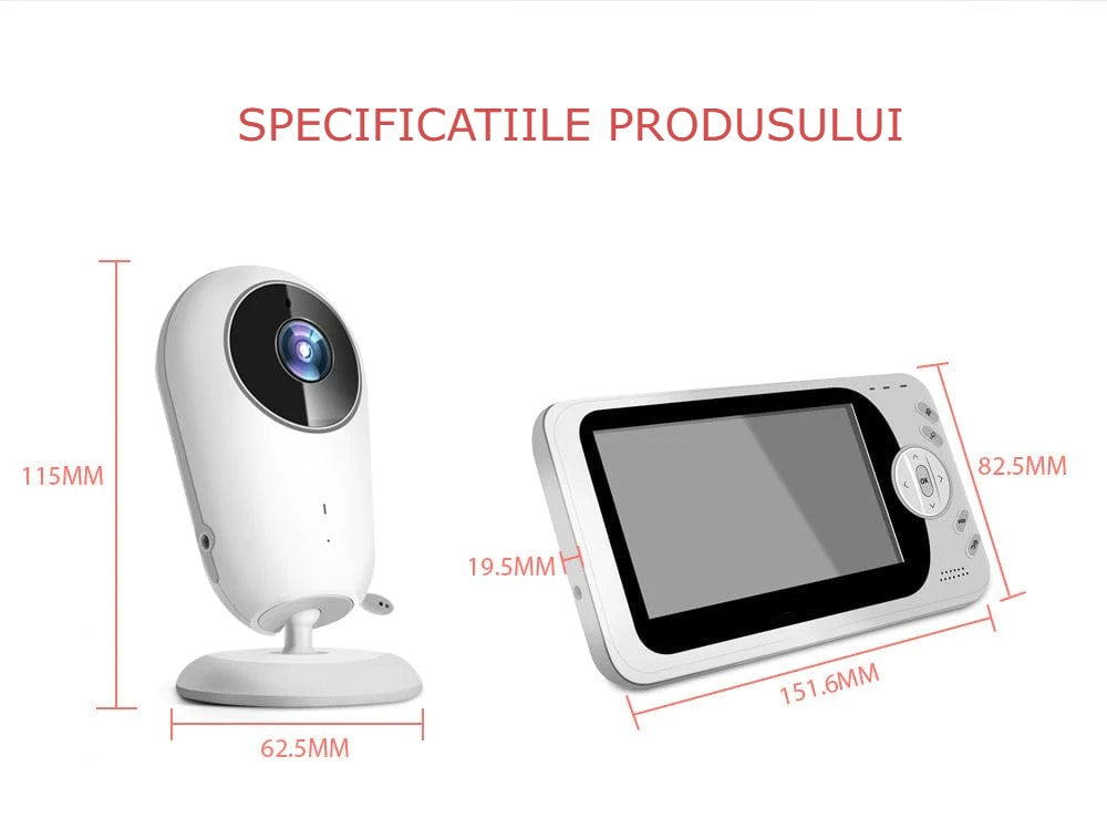 Sistem monitorizare Video si Audio pentru Bebelusi SuperBaby IdealStore, Ecran HD de 4.3 inch, Monitorizare temperatura, Vedere de inalta calitate pe timpul noptii, Cantece de leagan, Raza mare de actiune pana la 250m, Comunicare intre cele 2 dispozitive