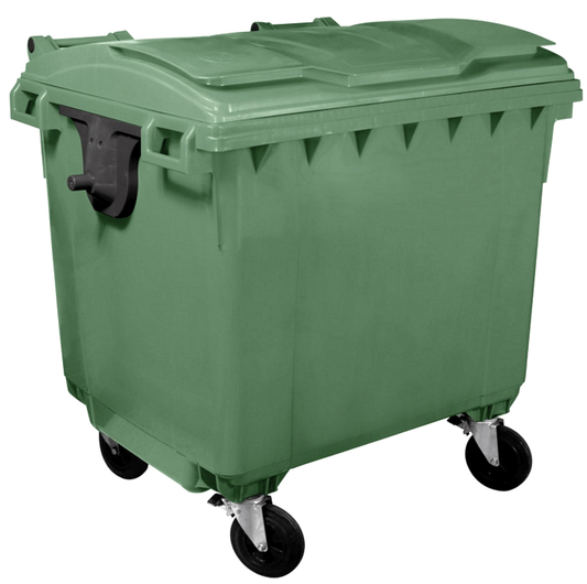 Container Profesional idealStore EcoPub, capac Plat, Roti cu rotire 360, Plastic Virgin, Metal Zincat, Rezistent la caldura-inghet si substante chimice, 660 L, Verde