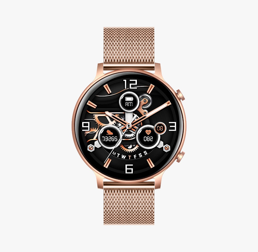 Ceas SmartWatch Versa idealStore, Dimensiunea Ecran 1.32 inch, Rezistent la Apa, Bluetooth, Monitor Ritm Cardiac, Tesiune Arteriala, Oxigen din Sange, Notificari Apeluri, Multi Sport, Compatibil iOS si Android, Gold