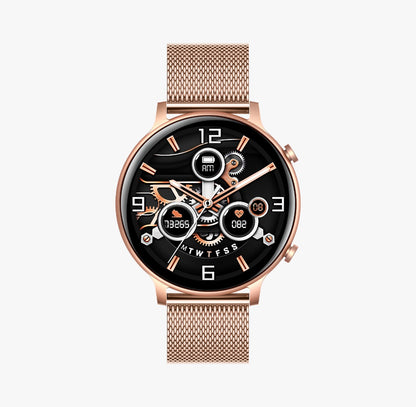 Ceas SmartWatch Versa idealStore, Dimensiunea Ecran 1.32 inch, Rezistent la Apa, Bluetooth, Monitor Ritm Cardiac, Tesiune Arteriala, Oxigen din Sange, Notificari Apeluri, Multi Sport, Compatibil iOS si Android, Gold