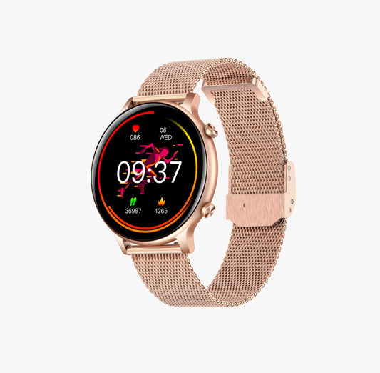 Ceas SmartWatch Versa idealStore, Dimensiunea Ecran 1.32 inch, Rezistent la Apa, Bluetooth, Monitor Ritm Cardiac, Tesiune Arteriala, Oxigen din Sange, Notificari Apeluri, Multi Sport, Compatibil iOS si Android, Gold