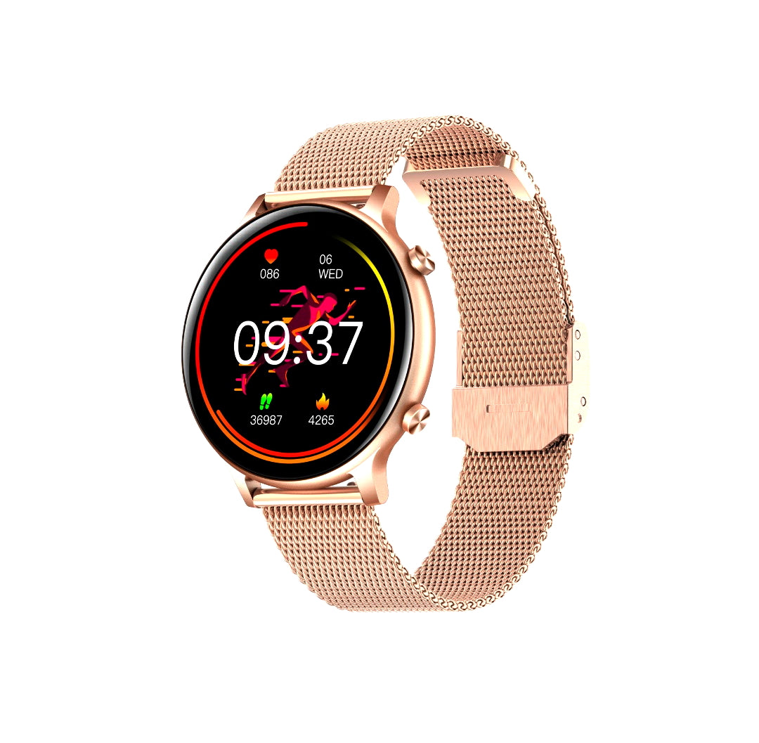 Ceas SmartWatch Versa idealStore, Dimensiunea Ecran 1.32 inch, Rezistent la Apa, Bluetooth, Monitor Ritm Cardiac, Tesiune Arteriala, Oxigen din Sange, Notificari Apeluri, Multi Sport, Compatibil iOS si Android, Gold