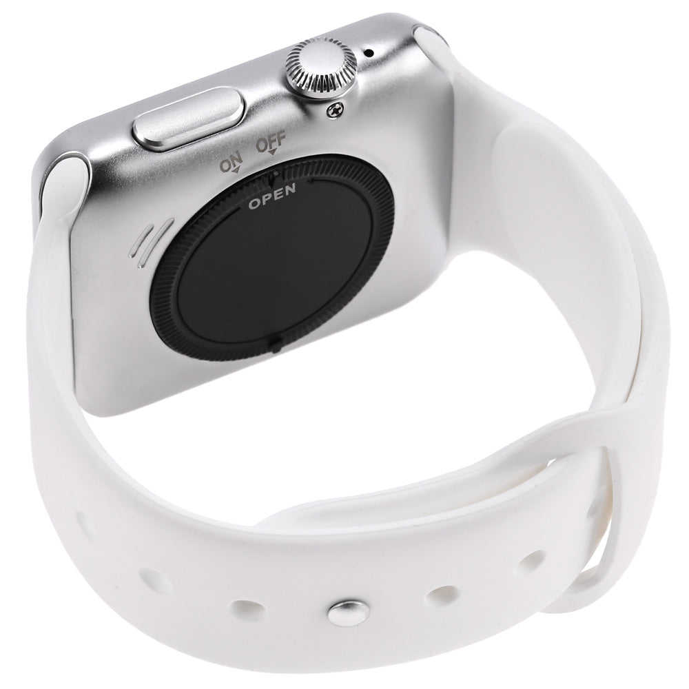 Ceas Smartwatch cu functie de Telefon GrandVision, Curea Silicon Soft Alba,Slot cartela SIM,G-Senzor,Notificari Apeluri,Fb,WApp,Display IPS,Camera Foto HD,Apeluri,BT 4.0,Monitorizare Somn,Pedometru,Sedentarism,Design modern,Carcasa Aluminium Silver