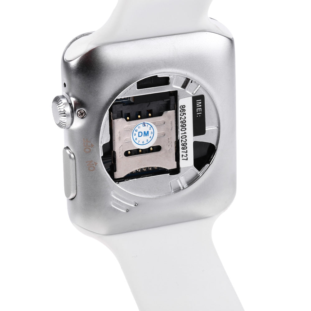 Ceas Smartwatch cu functie de Telefon GrandVision, Curea Silicon Soft Alba,Slot cartela SIM,G-Senzor,Notificari Apeluri,Fb,WApp,Display IPS,Camera Foto HD,Apeluri,BT 4.0,Monitorizare Somn,Pedometru,Sedentarism,Design modern,Carcasa Aluminium Silver