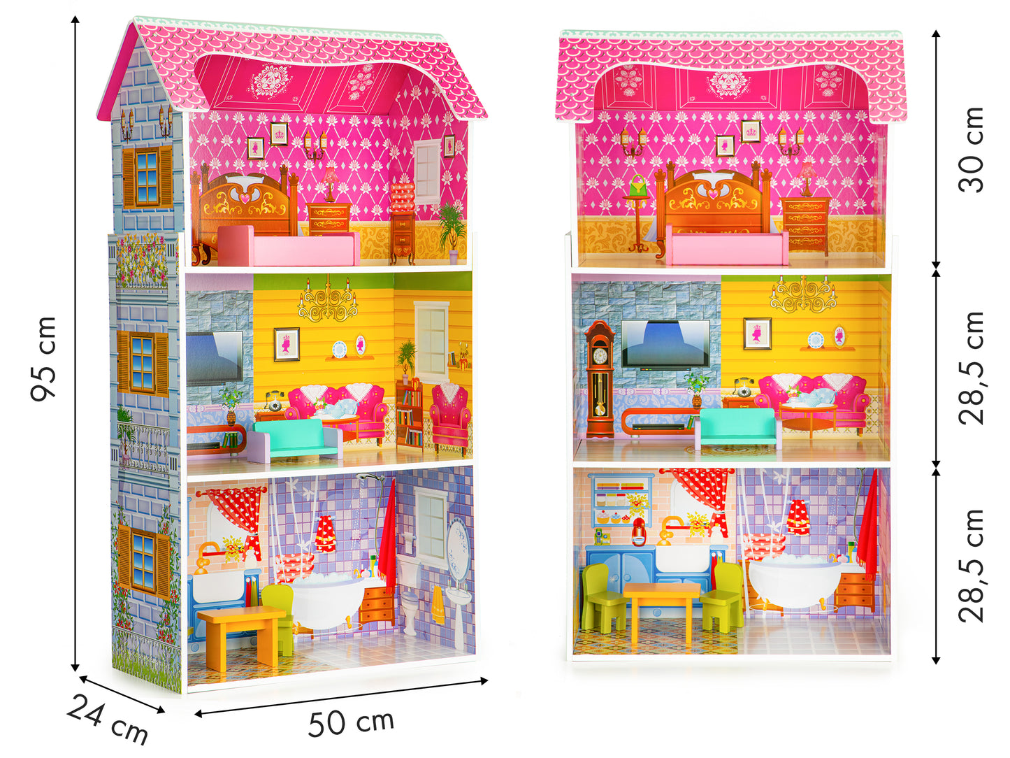 Casuta de papusi din lemn idealSTORE Sunny Residence, 3 nivele independente, 5 camere distincte, 5 piese mobile de mobilier, Fabricata din lemn de inalta calitate