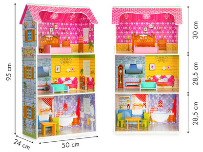 Casuta de papusi din lemn idealSTORE Sunny Residence, 3 nivele independente, 5 camere distincte, 5 piese mobile de mobilier, Fabricata din lemn de inalta calitate