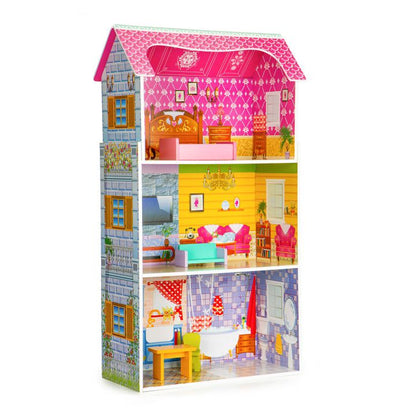 Casuta de papusi din lemn idealSTORE Sunny Residence, 3 nivele independente, 5 camere distincte, 5 piese mobile de mobilier, Fabricata din lemn de inalta calitate