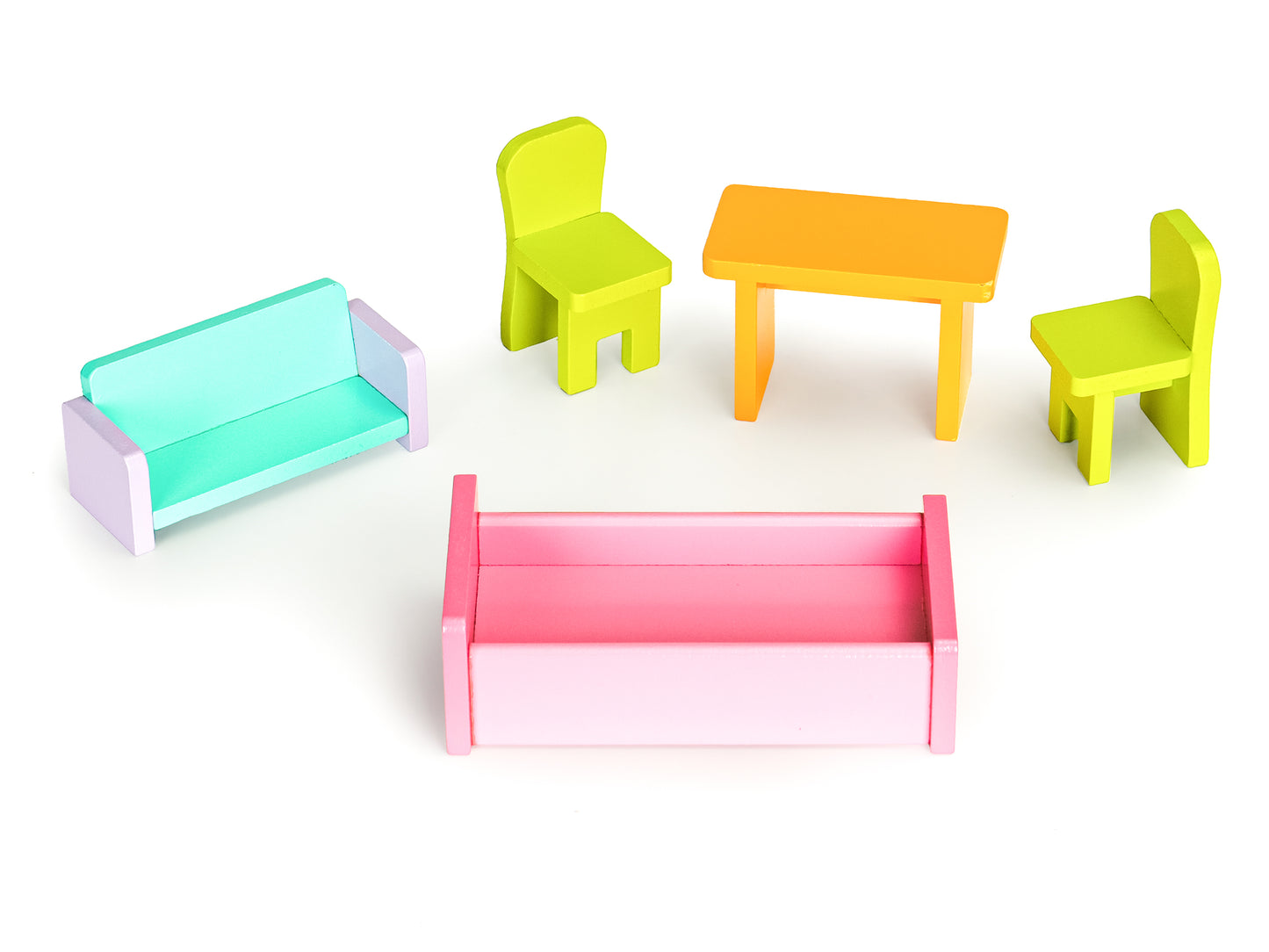 Casuta de papusi din lemn idealSTORE Sunny Residence, 3 nivele independente, 5 camere distincte, 5 piese mobile de mobilier, Fabricata din lemn de inalta calitate