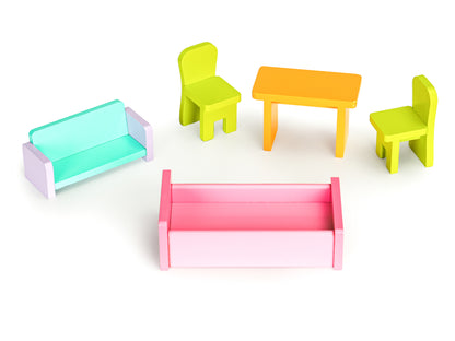 Casuta de papusi din lemn idealSTORE Sunny Residence, 3 nivele independente, 5 camere distincte, 5 piese mobile de mobilier, Fabricata din lemn de inalta calitate