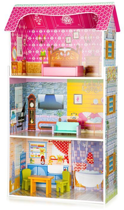 Casuta de papusi din lemn idealSTORE Sunny Residence, 3 nivele independente, 5 camere distincte, 5 piese mobile de mobilier, Fabricata din lemn de inalta calitate