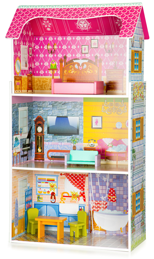 Casuta de papusi din lemn idealSTORE Sunny Residence, 3 nivele independente, 5 camere distincte, 5 piese mobile de mobilier, Fabricata din lemn de inalta calitate