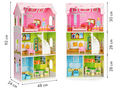 Casuta de papusi din lemn idealSTORE Mint Residence 93 cm, 3 nivele independente, 5 camere distincte, 8 piese mobile de mobilier, Fabricata din lemn de inalta calitate