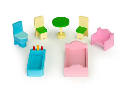 Casuta de papusi din lemn idealSTORE Mint Residence 93 cm, 3 nivele independente, 5 camere distincte, 8 piese mobile de mobilier, Fabricata din lemn de inalta calitate