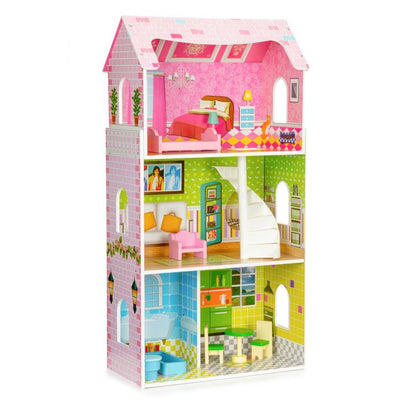 Casuta de papusi din lemn idealSTORE Mint Residence 93 cm, 3 nivele independente, 5 camere distincte, 8 piese mobile de mobilier, Fabricata din lemn de inalta calitate