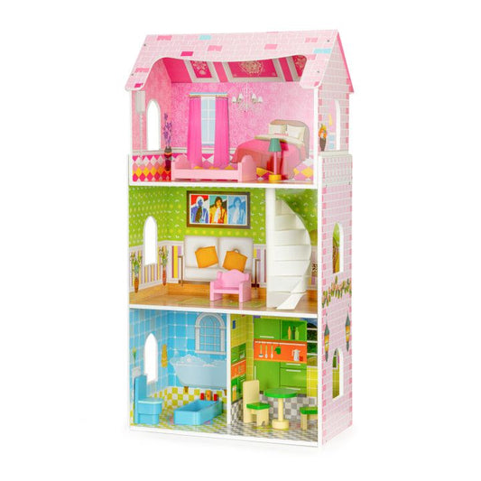 Casuta de papusi din lemn idealSTORE Mint Residence 93 cm, 3 nivele independente, 5 camere distincte, 8 piese mobile de mobilier, Fabricata din lemn de inalta calitate