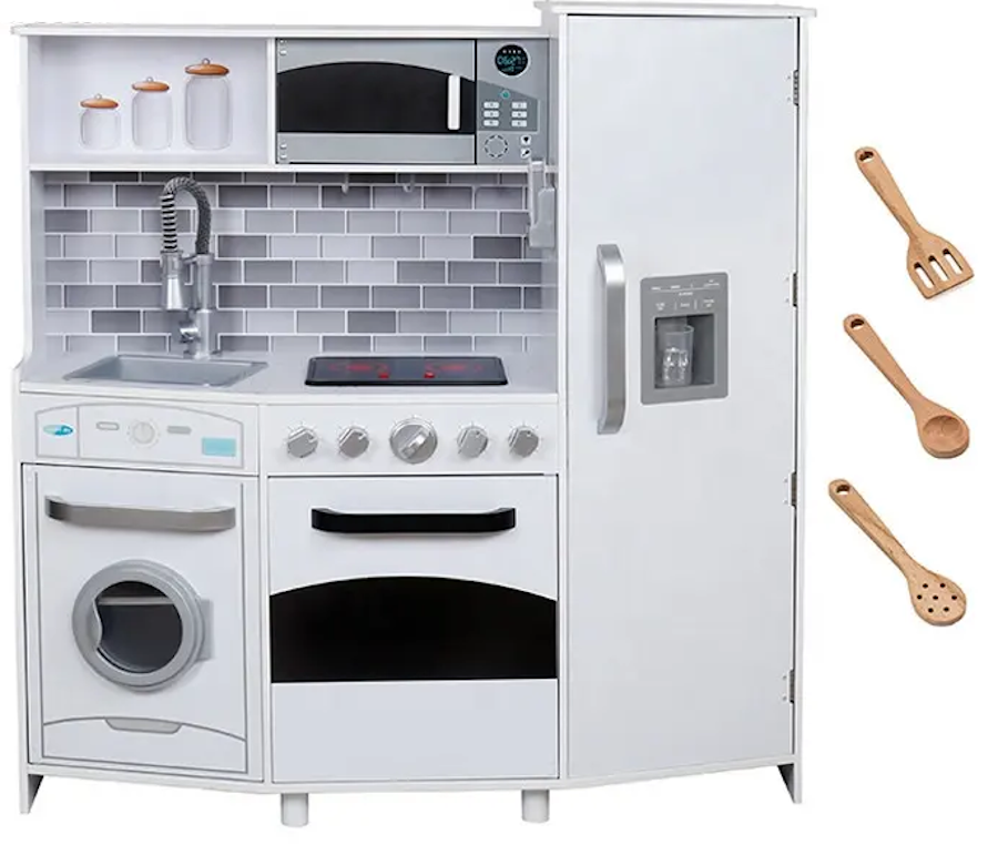 Bucatarie din lemn Multifunctionala Delux White-Kitchen idealSTORE, Echipata cu Frigider, Dozator de Apa, Masina de Spalat, Cuptor, Plita cu 2 Arzatoare, Microunde, Telefon Mobil, Vopsea Non-Toxica, Lemn Premium MDF, Dimensiuni 105 x 99 x 34 cm