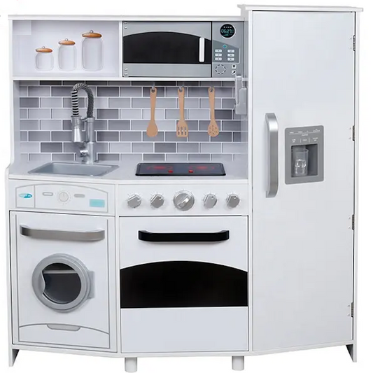 Bucatarie din lemn Multifunctionala Delux White-Kitchen idealSTORE, Echipata cu Frigider, Dozator de Apa, Masina de Spalat, Cuptor, Plita cu 2 Arzatoare, Microunde, Telefon Mobil, Vopsea Non-Toxica, Lemn Premium MDF, Dimensiuni 105 x 99 x 34 cm