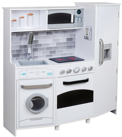 Bucatarie din lemn Multifunctionala Delux White-Kitchen idealSTORE, Echipata cu Frigider, Dozator de Apa, Masina de Spalat, Cuptor, Plita cu 2 Arzatoare, Microunde, Telefon Mobil, Vopsea Non-Toxica, Lemn Premium MDF, Dimensiuni 105 x 99 x 34 cm