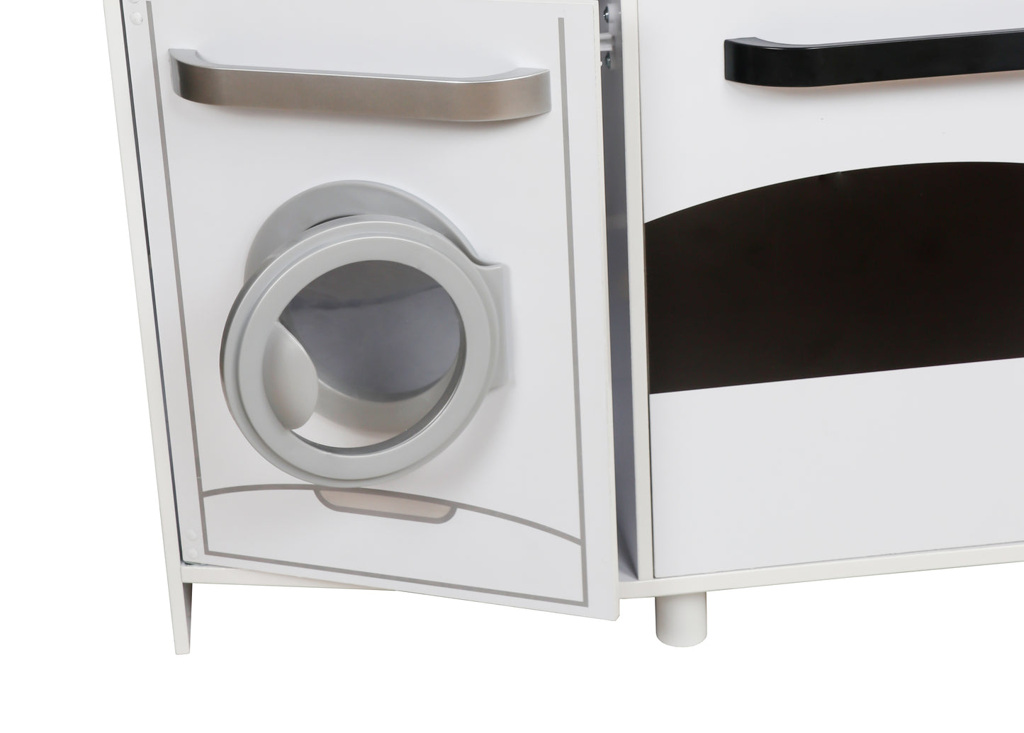 Bucatarie din lemn Multifunctionala Delux White-Kitchen idealSTORE, Echipata cu Frigider, Dozator de Apa, Masina de Spalat, Cuptor, Plita cu 2 Arzatoare, Microunde, Telefon Mobil, Vopsea Non-Toxica, Lemn Premium MDF, Dimensiuni 105 x 99 x 34 cm