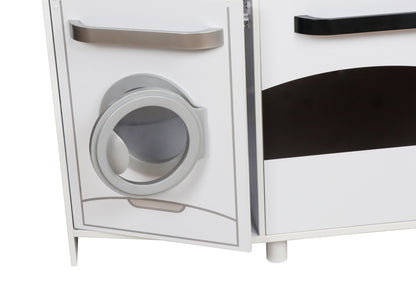 Bucatarie din lemn Multifunctionala Delux White-Kitchen idealSTORE, Echipata cu Frigider, Dozator de Apa, Masina de Spalat, Cuptor, Plita cu 2 Arzatoare, Microunde, Telefon Mobil, Vopsea Non-Toxica, Lemn Premium MDF, Dimensiuni 105 x 99 x 34 cm