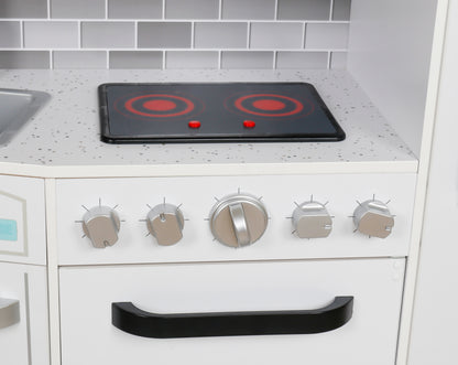 Bucatarie din lemn Multifunctionala Delux White-Kitchen idealSTORE, Echipata cu Frigider, Dozator de Apa, Masina de Spalat, Cuptor, Plita cu 2 Arzatoare, Microunde, Telefon Mobil, Vopsea Non-Toxica, Lemn Premium MDF, Dimensiuni 105 x 99 x 34 cm