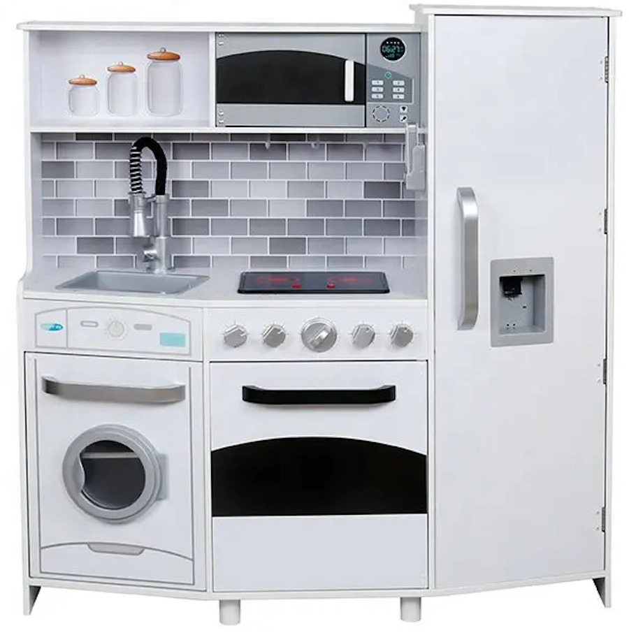 Bucatarie din lemn Multifunctionala Delux White-Kitchen idealSTORE, Echipata cu Frigider, Dozator de Apa, Masina de Spalat, Cuptor, Plita cu 2 Arzatoare, Microunde, Telefon Mobil, Vopsea Non-Toxica, Lemn Premium MDF, Dimensiuni 105 x 99 x 34 cm