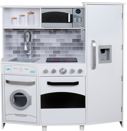 Bucatarie din lemn Multifunctionala Delux White-Kitchen idealSTORE, Echipata cu Frigider, Dozator de Apa, Masina de Spalat, Cuptor, Plita cu 2 Arzatoare, Microunde, Telefon Mobil, Vopsea Non-Toxica, Lemn Premium MDF, Dimensiuni 105 x 99 x 34 cm