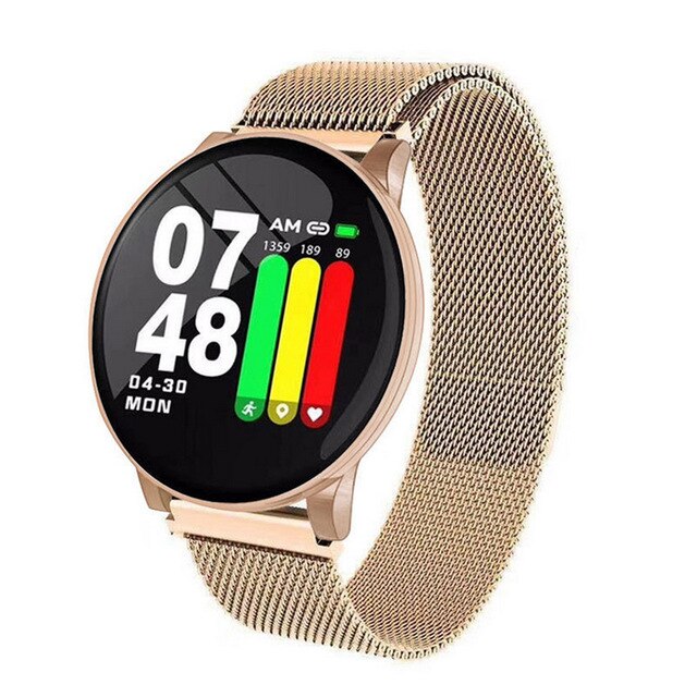 Ceas SmartWatch si Bratara Fitness Sport Fwear W8, Display 1.3 inch, Monitorizare pasi si distanta, Detectarea frecventei cardiace, Functie Anti-lost, Photo Control, Notificari apeluri/mesaje, Impermeabilitate IP67, Metalic Gold