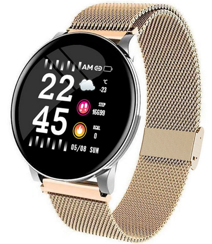 Ceas SmartWatch si Bratara Fitness Sport Fwear W8, Display 1.3 inch, Monitorizare pasi si distanta, Detectarea frecventei cardiace, Functie Anti-lost, Photo Control, Notificari apeluri/mesaje, Impermeabilitate IP67, Metalic Gold