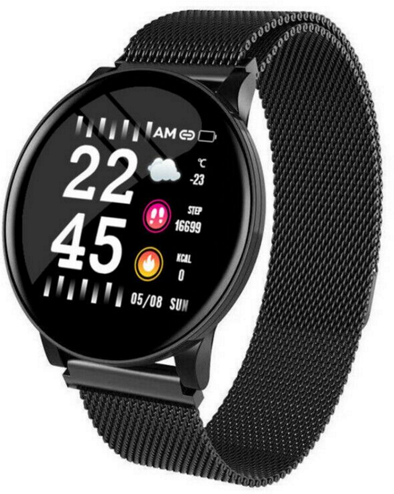 Ceas SmartWatch si Bratara Fitness Sport Fashion wear W8, Display 1.3 inch, Monitorizare pasi si distanta, Detectarea frecventei cardiace, Functie Anti-lost, Photo Control, Notificari apeluri/mesaje, Impermeabilitate IP67, Metalica Neagra