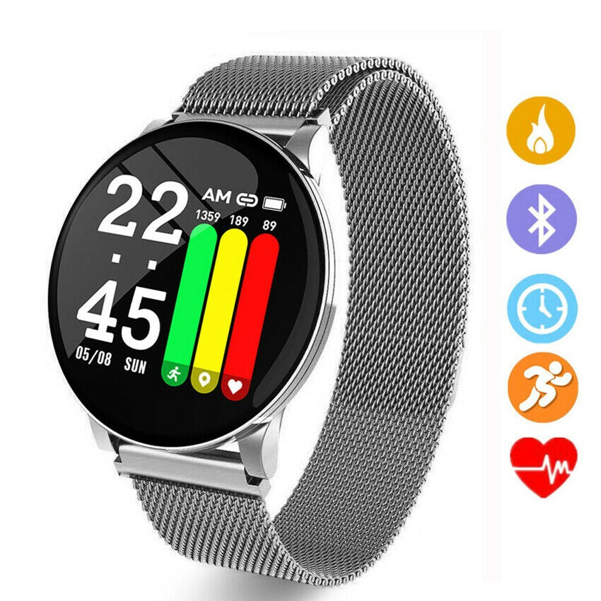 Ceas SmartWatch si Bratara Fitness Sport Fashion wear W8, Display 1.3 inch, Monitorizare pasi si distanta, Detectarea frecventei cardiace, Functie Anti-lost, Photo Control, Notificari apeluri/mesaje, Impermeabilitate IP67, Metalica Silver