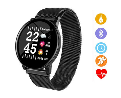 Ceas SmartWatch si Bratara Fitness SMART COLLECTION, Display 1.3 inch, Monitorizare pasi si distanta, Detectarea frecventei cardiace, Functie Anti-lost, Photo Control, Notificari apeluri/mesaje, Impermeabilitate IP67, Metalica Neagra