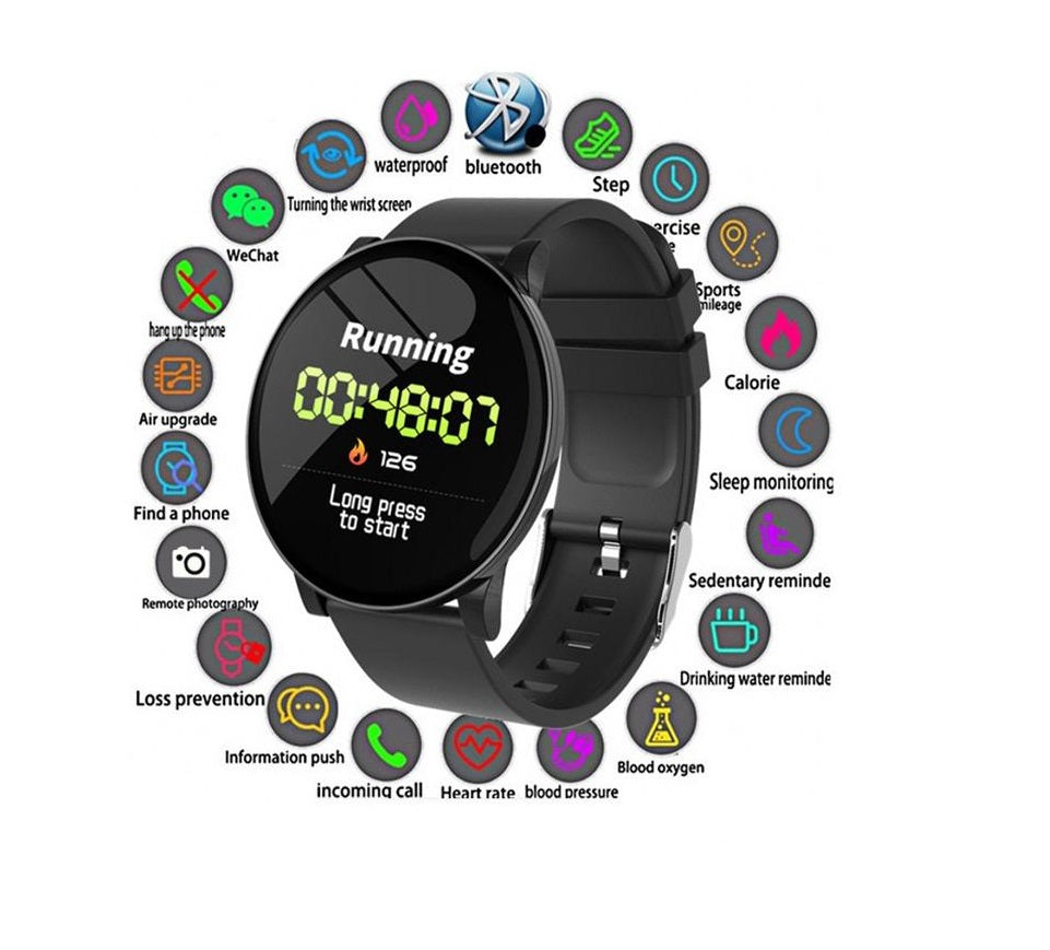 Ceas SmartWatch si Bratara Fitness Sport Fashion wear W8, Display 1.3 inch, Monitorizare pasi si distanta, Detectarea frecventei cardiace, Functie Anti-lost, Photo Control, Notificari apeluri/mesaje, Impermeabilitate IP67, Silicon Neagra