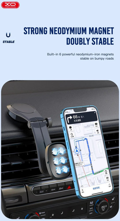 Suport auto magnetic pentru telefon idealSTORE, Model Universal pentru orice tip de telefon, Din plastic de inalta calitate, Unghiul este flexibil, Poate fi rotit atat orizontal cat si vertical, Negru