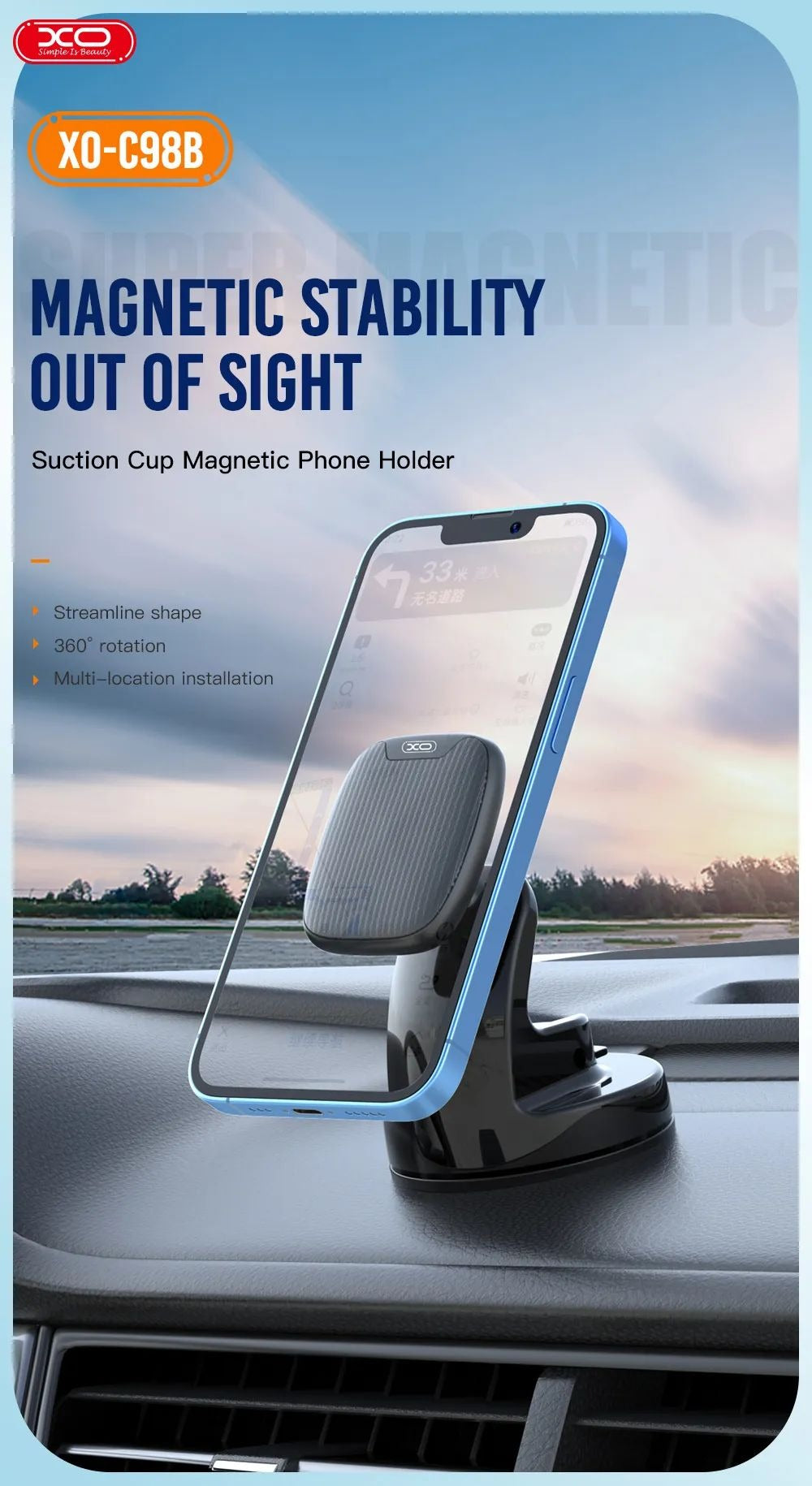 Suport auto magnetic pentru telefon idealSTORE, Model Universal pentru orice tip de telefon, Din plastic de inalta calitate, Unghiul este flexibil, Poate fi pozitionat in functie de necesitatea conducatorului auto, Negru