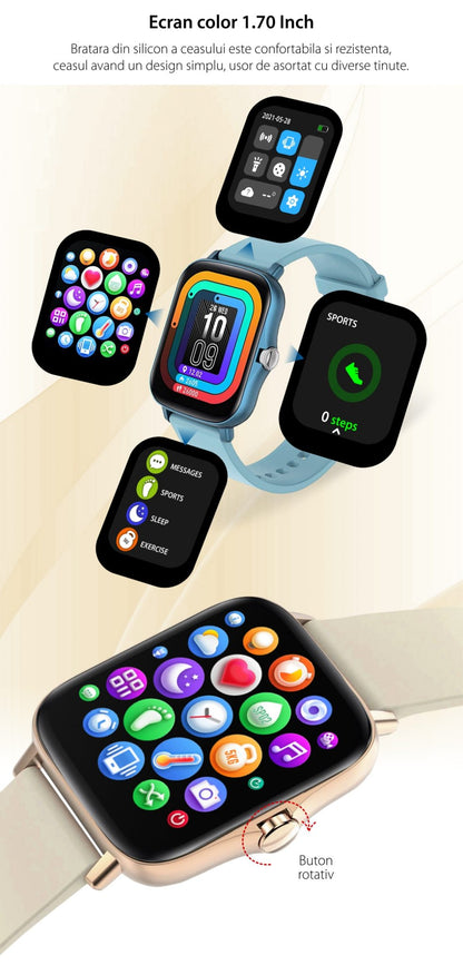 Ceas SmartWatch Y20 SquareStyle idealStore, Waterproof, Ecran Tactil HD, 1.7 inch, Compatibilitate Android/iOS, Bluetooth, Notificari Whatsapp/Facebook, Date Sincronizate, Mod Sport, Pedometru, Monitorizeaza Ritmul Cardiac