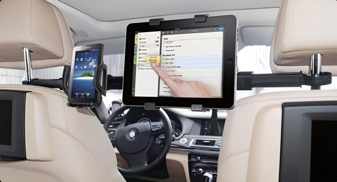 Suport auto pentru telefon si tableta idealSTORE, Prindere intre tetiere, Model Universal pentru orice tip de telefon, Din plastic de inalta calitate, Negru