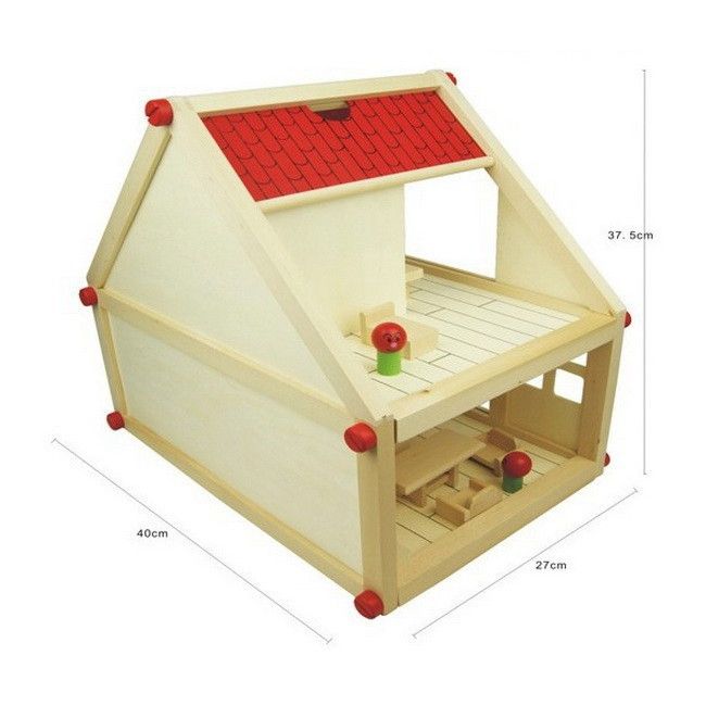 Casuta de Papusi din Lemn cu mobilier idealSTORE Girl Wood Residence, Dimensiuni 38 x 40 x 26 cm, Echipata cu 4 figurine simbolice si elemente individuale ce pot fi pictate manual