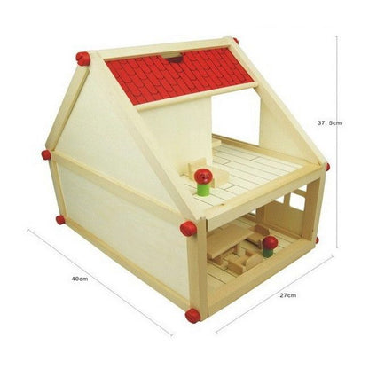 Casuta de Papusi din Lemn cu mobilier idealSTORE Girl Wood Residence, Dimensiuni 38 x 40 x 26 cm, Echipata cu 4 figurine simbolice si elemente individuale ce pot fi pictate manual