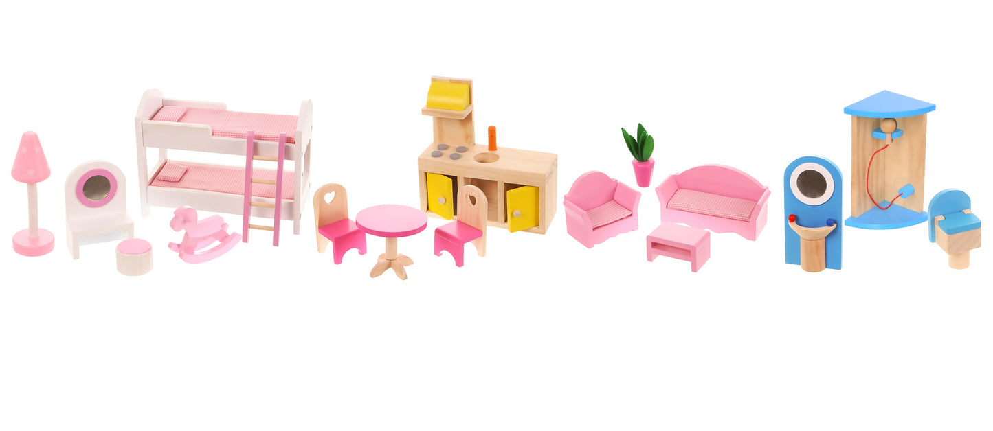 Casuta de Papusi din lemn idealSTORE MALDIVE WOOD RESIDENCE, Dimensiuni 90 x 60 x 30 x cm, 5 camere disperate pe 3 nivele, Un set de 17 piese de mobilier in design unic si 2 papusi fac distractia mai atractiva