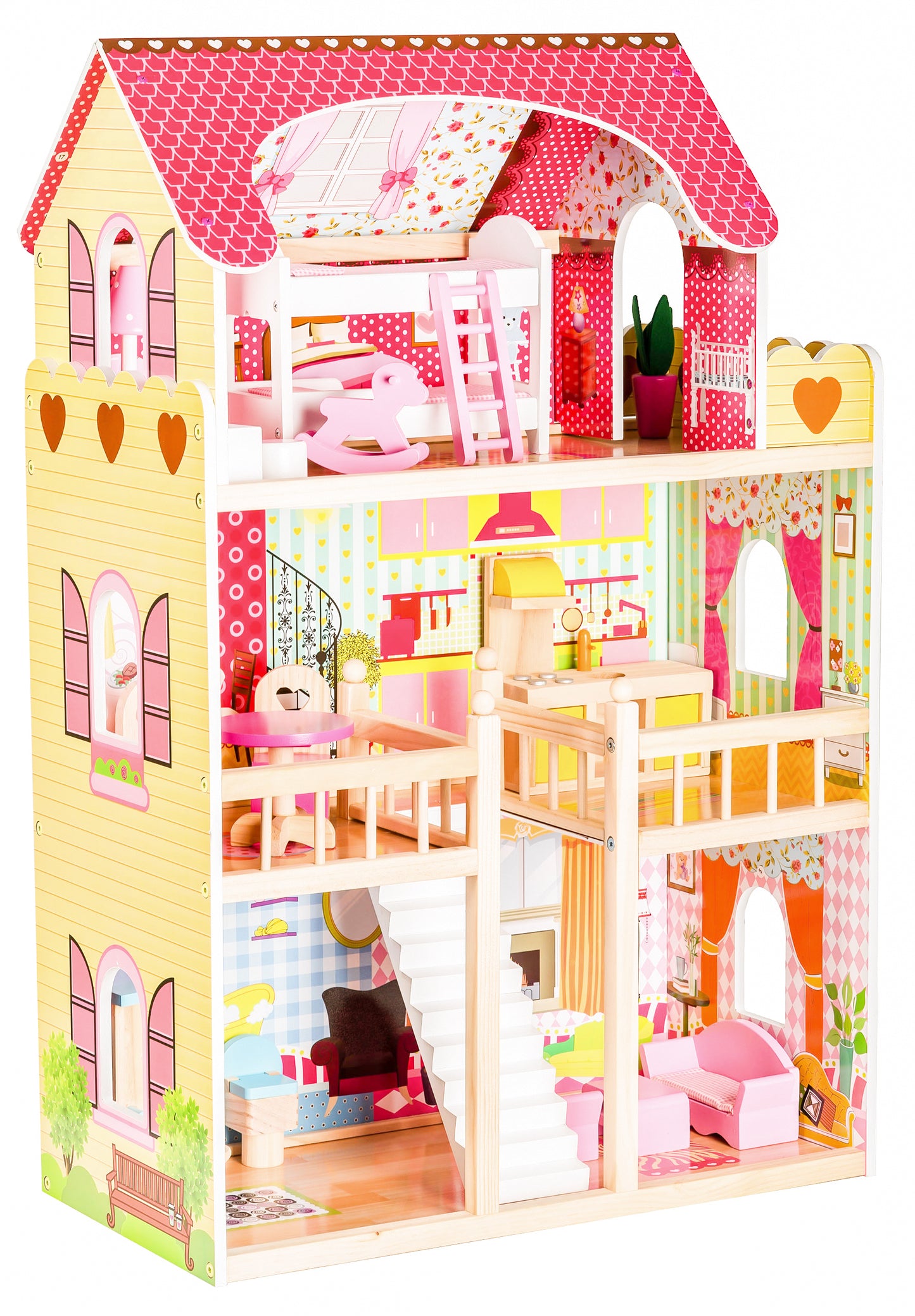 Casuta de Papusi din lemn idealSTORE MALDIVE WOOD RESIDENCE, Dimensiuni 90 x 60 x 30 x cm, 5 camere disperate pe 3 nivele, Un set de 17 piese de mobilier in design unic si 2 papusi fac distractia mai atractiva