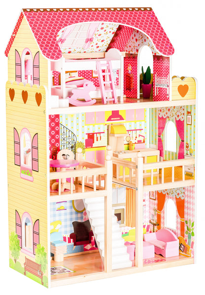 Casuta de Papusi din lemn idealSTORE MALDIVE WOOD RESIDENCE, Dimensiuni 90 x 60 x 30 x cm, 5 camere disperate pe 3 nivele, Un set de 17 piese de mobilier in design unic si 2 papusi fac distractia mai atractiva