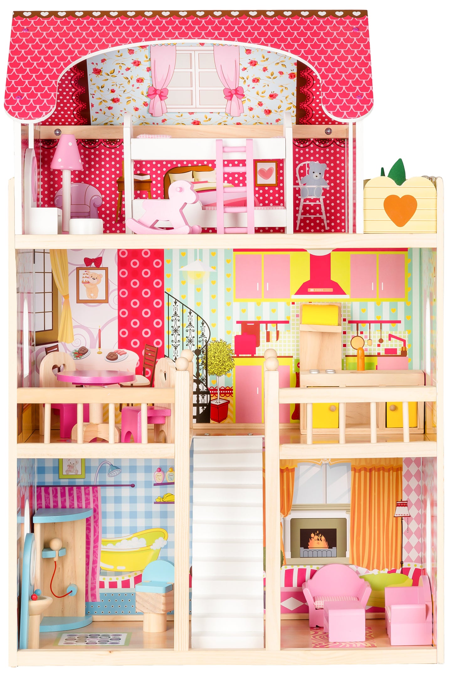 Casuta de Papusi din lemn idealSTORE MALDIVE WOOD RESIDENCE, Dimensiuni 90 x 60 x 30 x cm, 5 camere disperate pe 3 nivele, Un set de 17 piese de mobilier in design unic si 2 papusi fac distractia mai atractiva