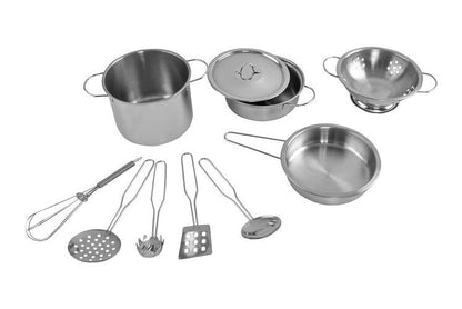 Set de Gatit idealSTORE cu vase si capac in dimensiuni diferite, tigaie si ustensile specifice, include o manusa si un suport termic vase fierbinti